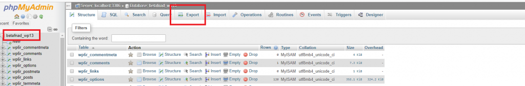 Export database using phpMyAdmin