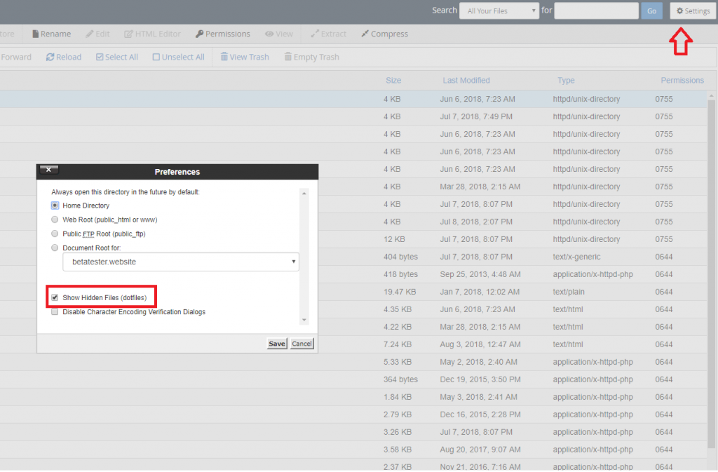 Show hidden files in CPanel file manager